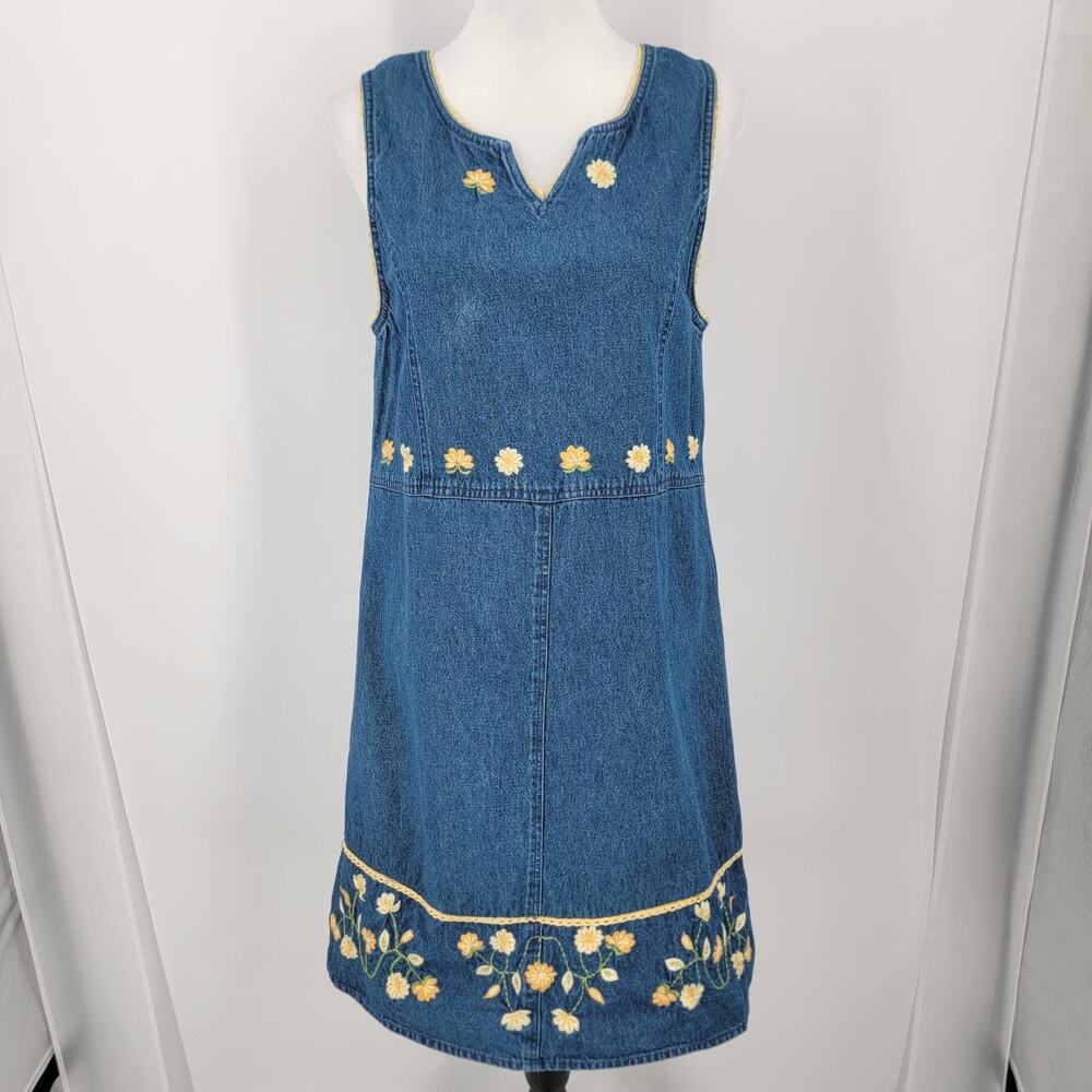 Agapo Collection Dress Womens Large Blue Denim Shift Floral Embroidered